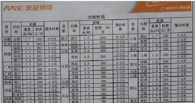 安能物流收费价格表